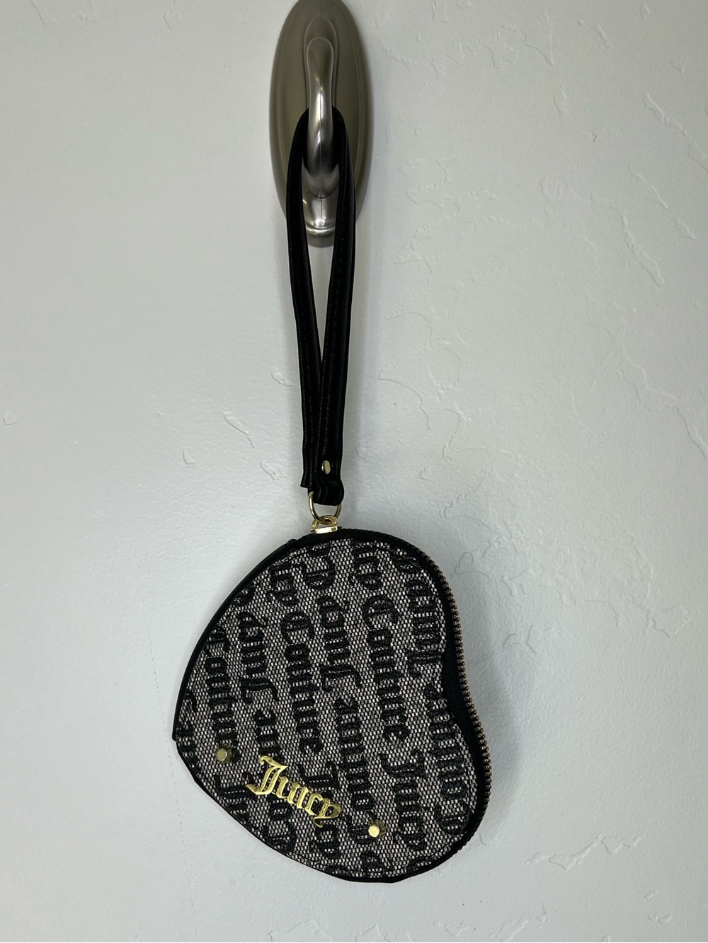 Juicy Couture Black Logo Heart Wristlet with Gold Accent
